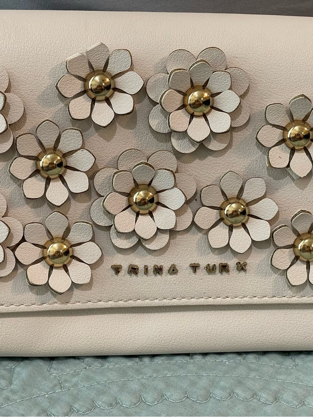 Trina Turk Cream Floral Appliqué Clutch with Gold Accents